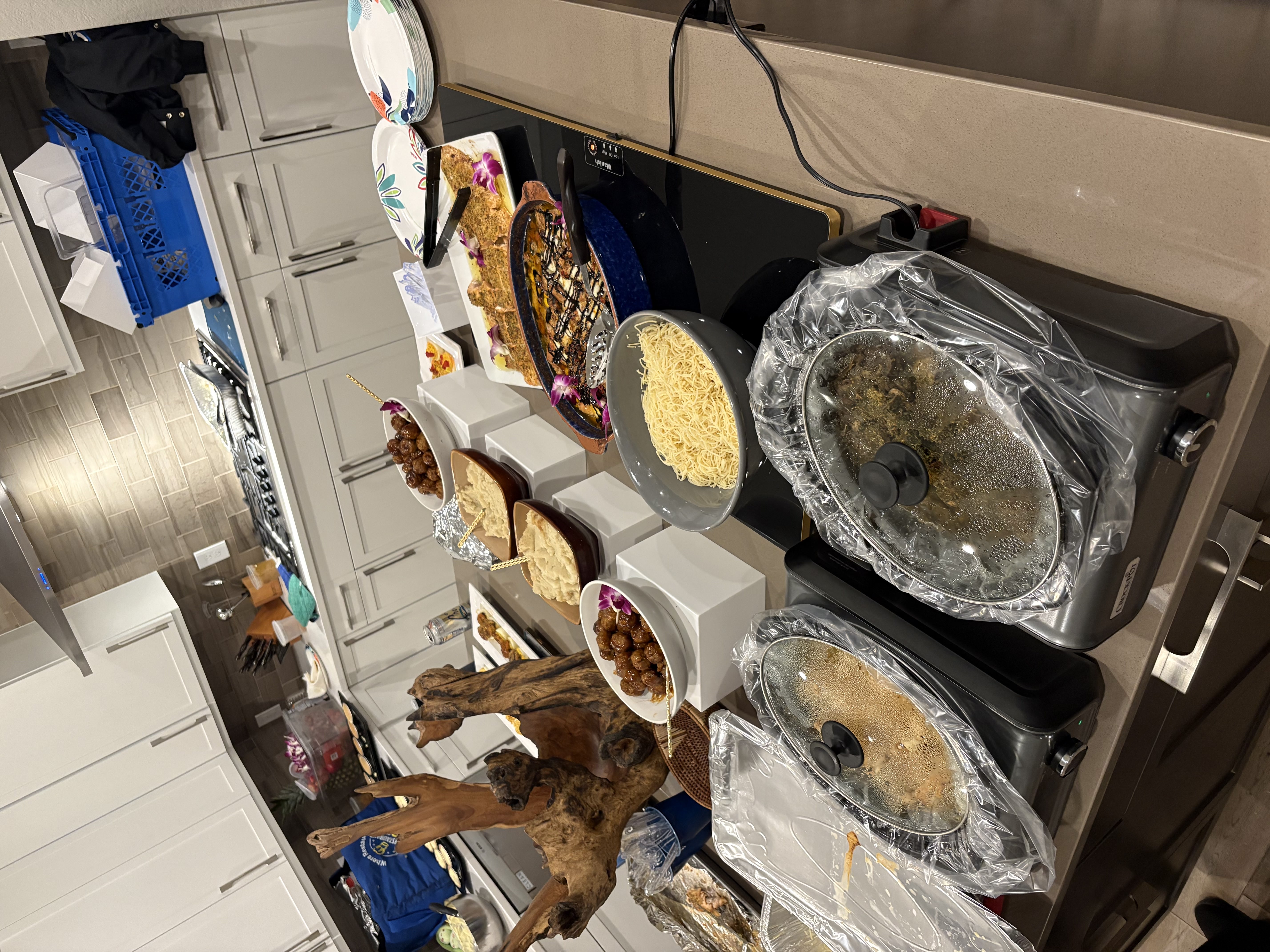 Full buffet catering spread with pasta meatballs and multiple dishes by Brown Rice Consortium Denver