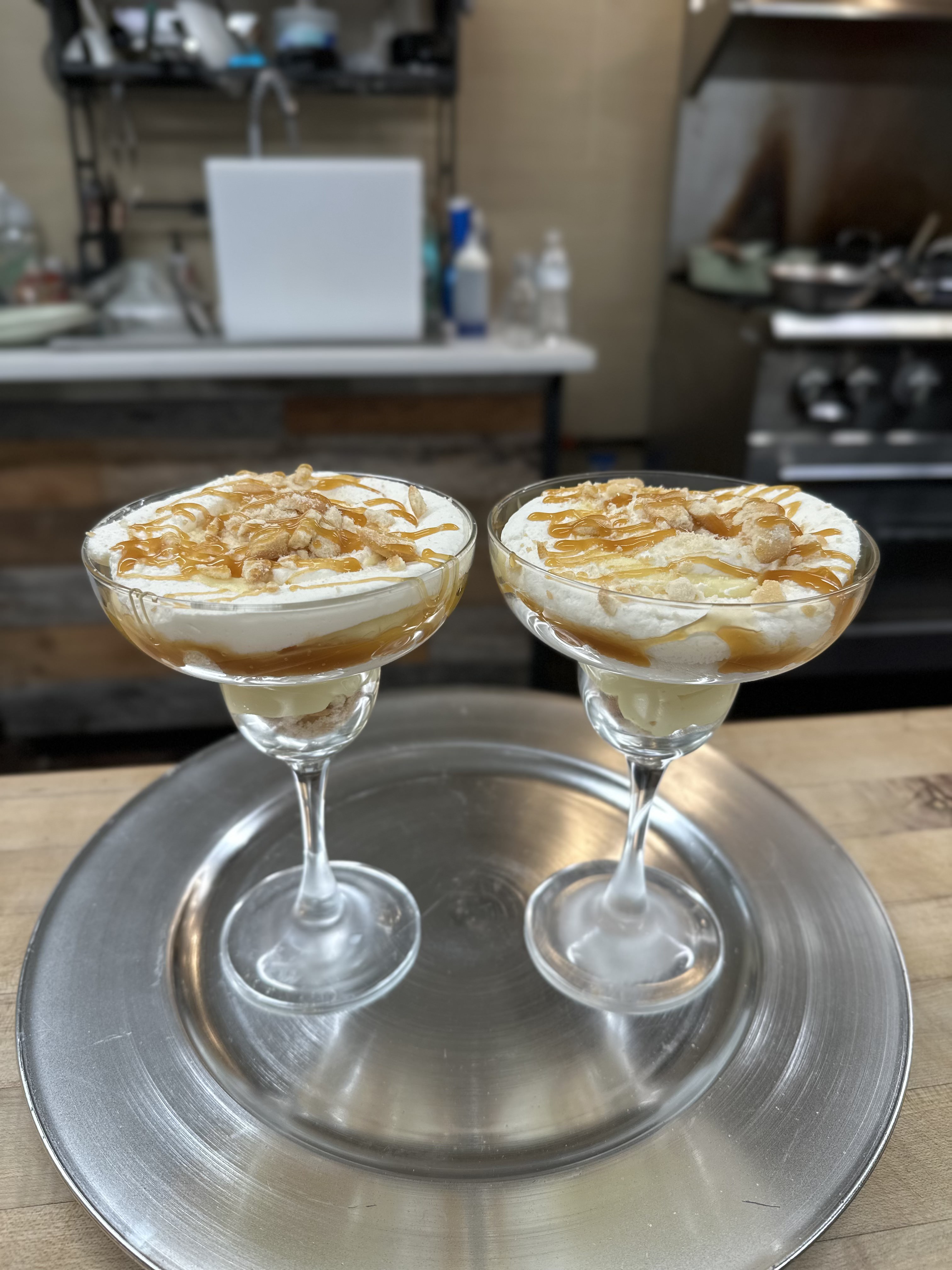 Chef Leilah signature caramel banana parfaits in martini glasses